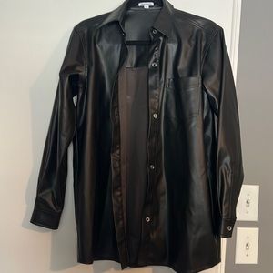 WeWoreWhat boyfriend vegan leather button up shirt.